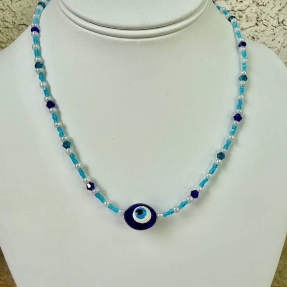 Hand Crafted Blue Evil Eye Necklace with Blue Crystals - Picture 1 of 7